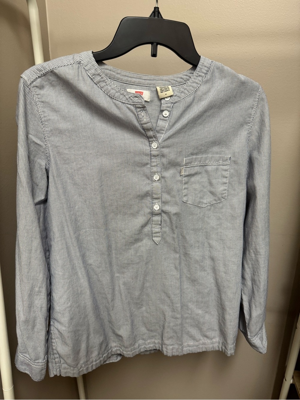Levi's Micro-stripe Blue and White Cotton Long Sleeve Henley Top